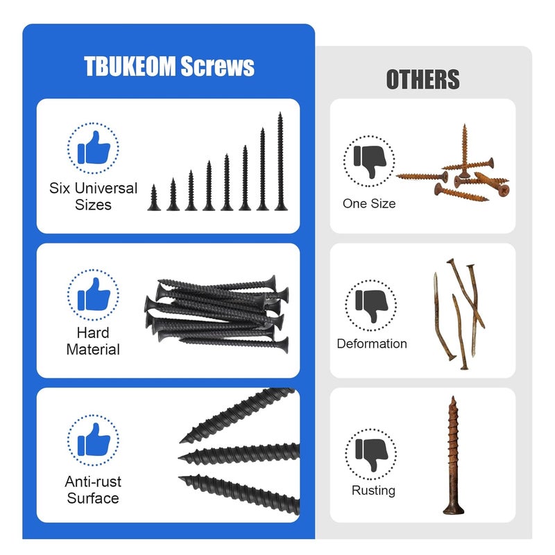 TBUKEOM Screws Assortment Kit, 224 PCS, High Hardness Phillips Drive Screws Set, Coarse Thread, Black Flat Head Wood Screws, Carbon Steel, Self-Tapping Screws for Wood, 8 Sizes - Image 5